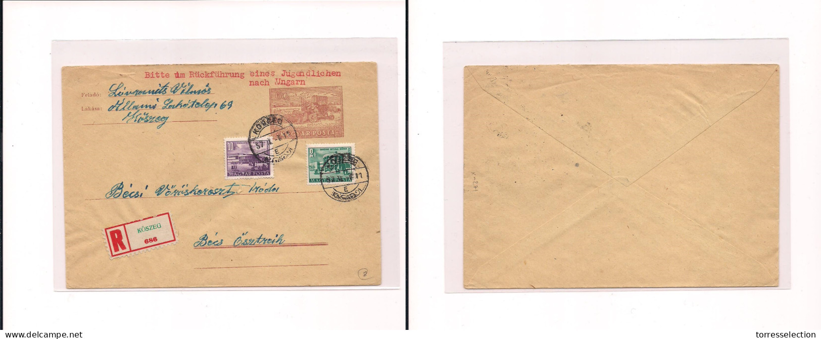 HUNGARY. Over - . 1957 Koszeg To Becs Austria Registr Stat Env + 2 Adtls. Easy Deal. XSALE. - Other & Unclassified