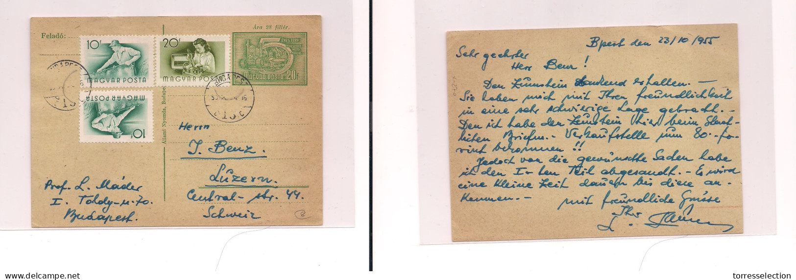 HUNGARY. Cover - . 1955 Budapest To Switz Luzern 20f Green Stat Card+ 3 Adtls. Easy Deal. XSALE. - Sonstige & Ohne Zuordnung