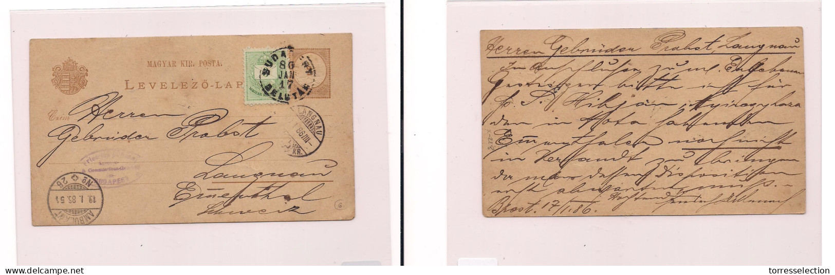 HUNGARY. Cover - . 1886 Budapest To Switz Lagnau Stat Card+adtl. Easy Deal. XSALE. - Other & Unclassified