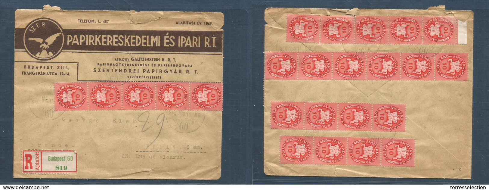 HUNGARY. 1946 (11 March) Budapest - France, Paris. Registered Comercial Multifkd Env. Front And Reverse. XSALE. - Autres & Non Classés