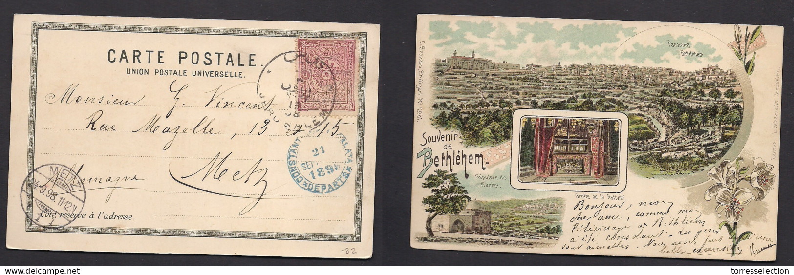 HOLYLAND. 1898 (15 Sept) Turkish PO Jerusalem - Germany, Metz (24 Sept) Fkd Color Bethlehem Postcard. Chronolitho. VF. X - Palestine
