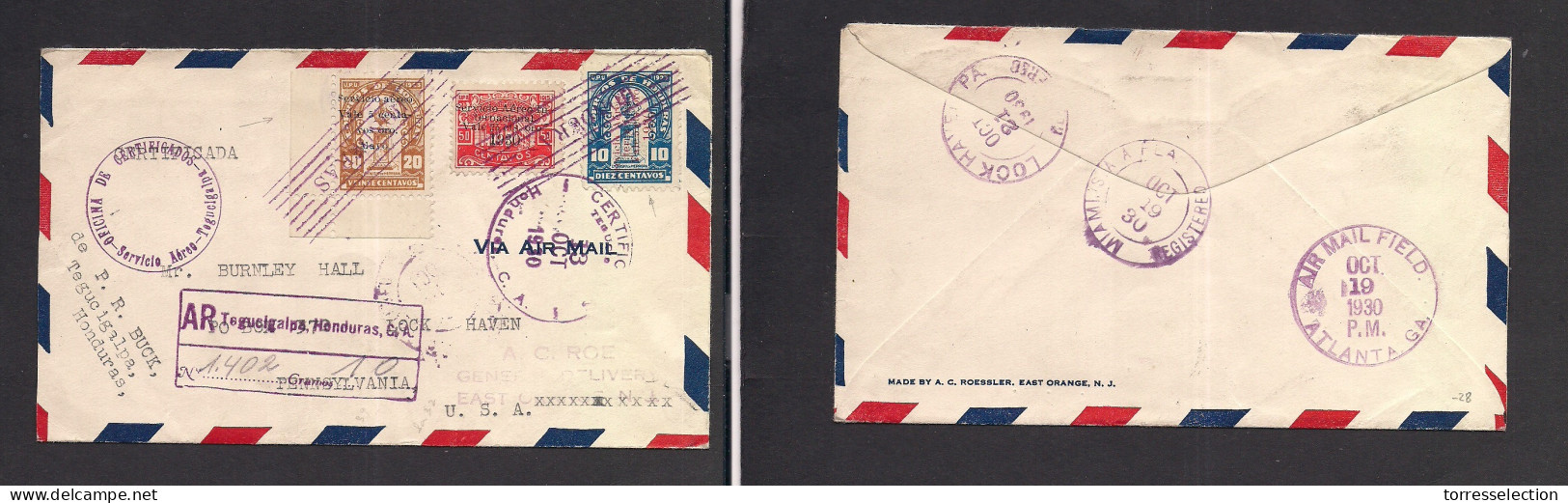 HONDURAS. 1930 (13 Oct) Tegucigalpa - USA, Lock Haven (21 Oct) Registered AR Overprinted Servicio Aereo Multifkd Envelop - Honduras