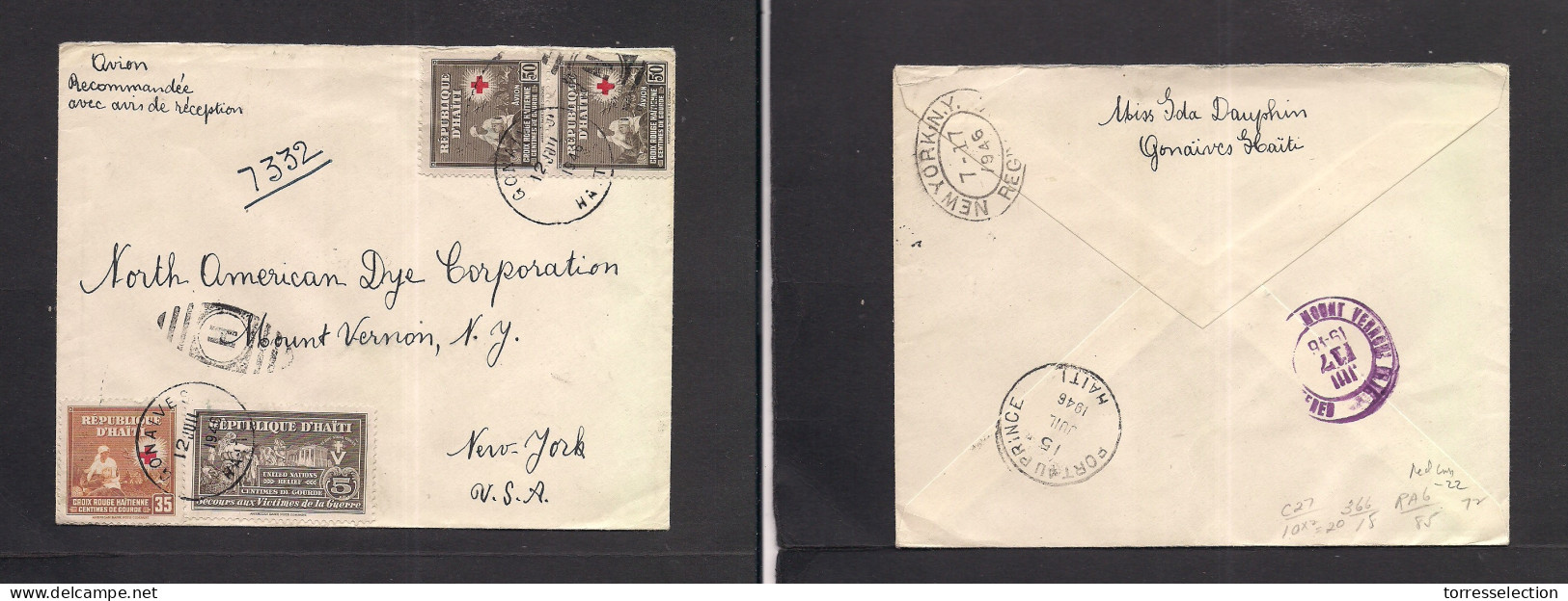 HAITI. 1946 (12 July) Gonaives - USA, NYC (17 July) Red Cross Registered AR Multifkd Envelope. XSALE. - Haití