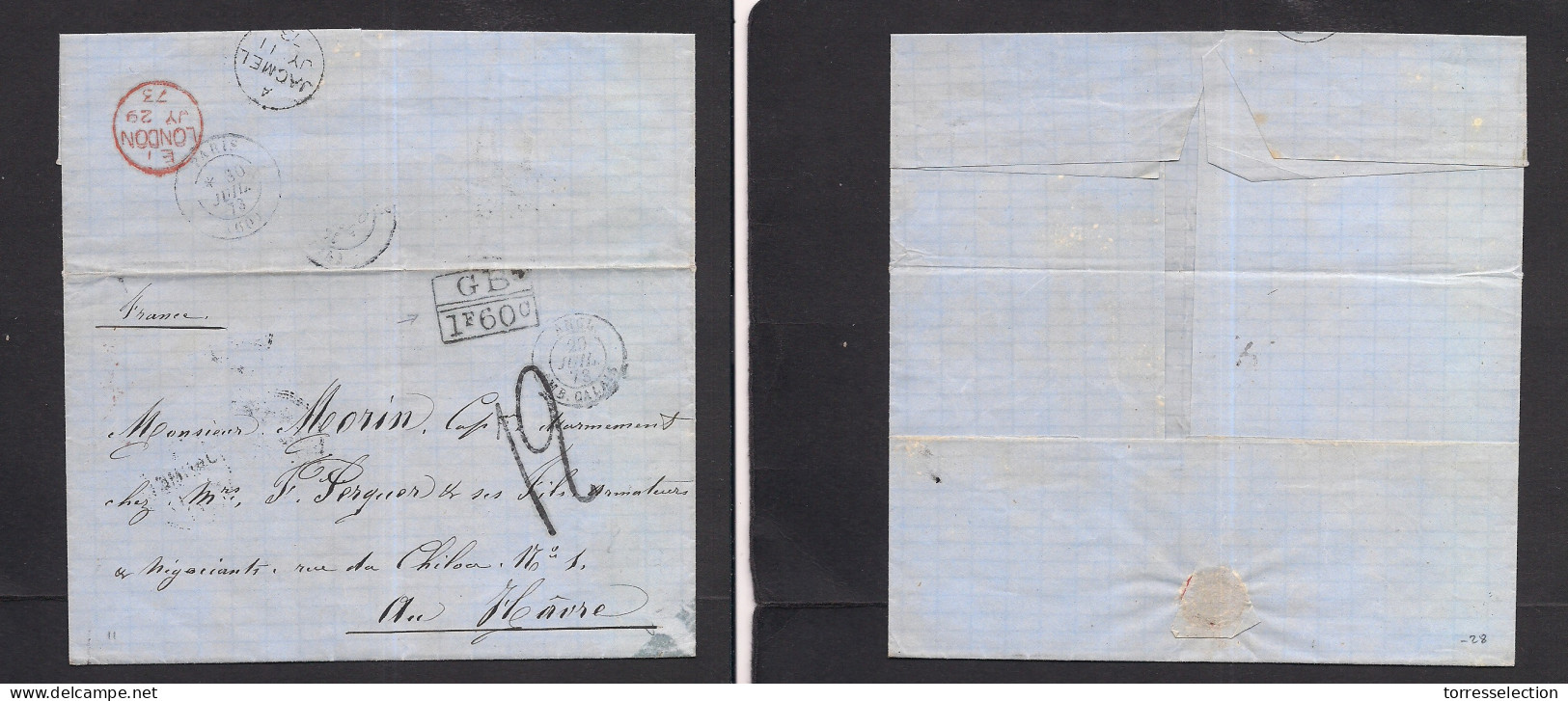 HAITI. 1873 (11 July) BPO Jacmel - France, Havre (30 July) Stampless E. Diff Transits And Charge Marks. Opens Out Well F - Haïti