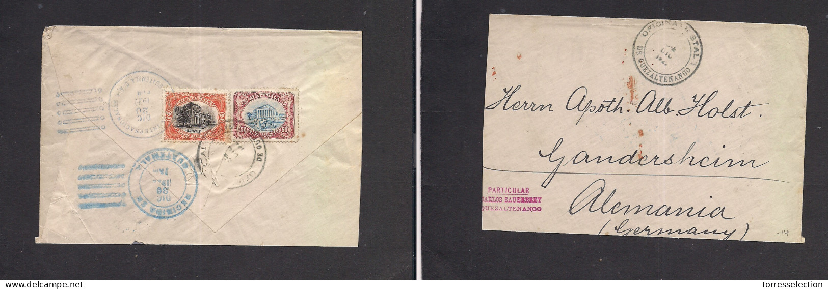 GUATEMALA. 1922 (24 Dic) Quezaltenango - Germany, Gandersteim. Reverse Multifkd Envelope. XSALE. - Guatemala