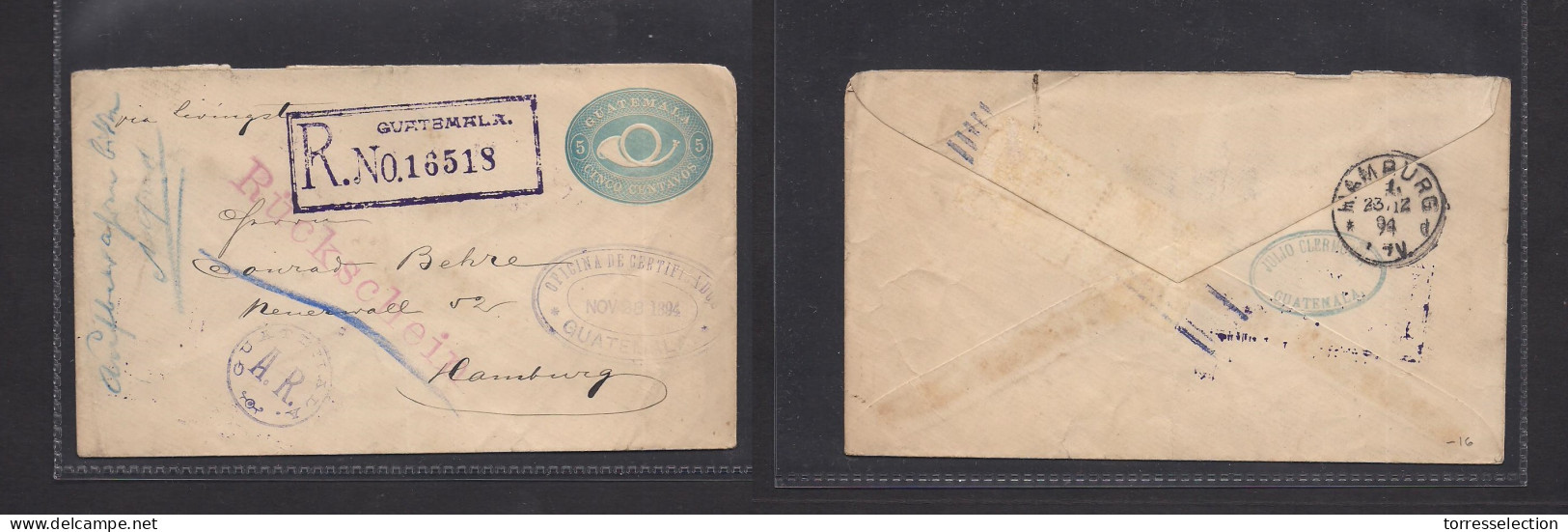 GUATEMALA. 1894 (28 Nov) GPO - Germany, Hamburg. Registered AR 5c Blue Stat Env + Adtl Fkg Missing In Transit On Reverse - Guatemala
