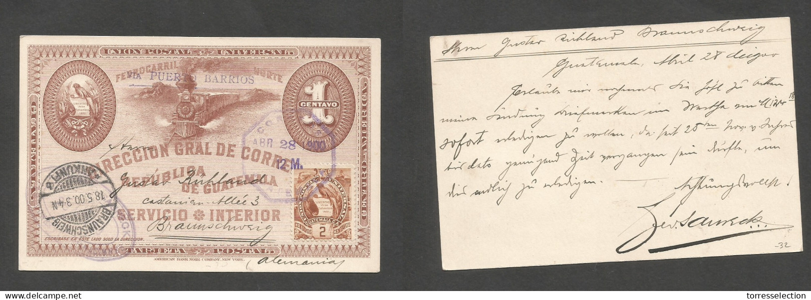 GUATEMALA. 1900 (28 April) GPO - Germany, Braunschweig (18 May) AC Brown Illustr Stat Card + Adtl. All Transited. Fine.  - Guatemala