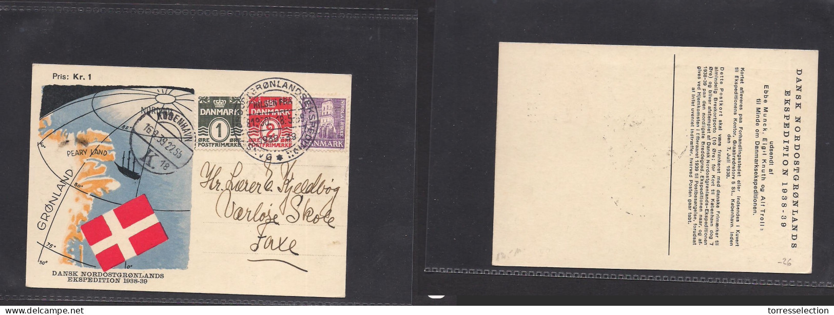 GREENLAND. 1939 (18 May) Hilsen Expedition - Faxe Via Cph (16 Sept) Multifkd Color Illustr Card. XSALE. - Autres & Non Classés