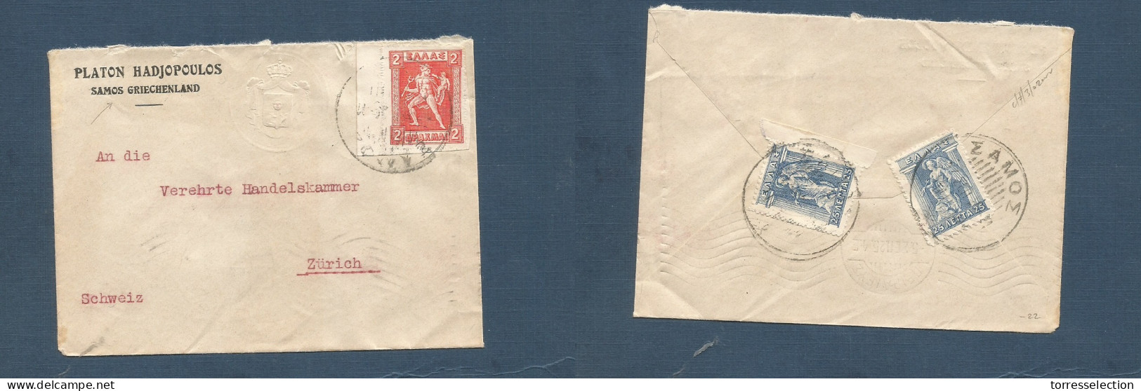 GREECE. 1925. Samos - Switzerland, Zurich. Front And Reverse Multifkd Env, Tied Cds. Fine. XSALE. - Altri & Non Classificati
