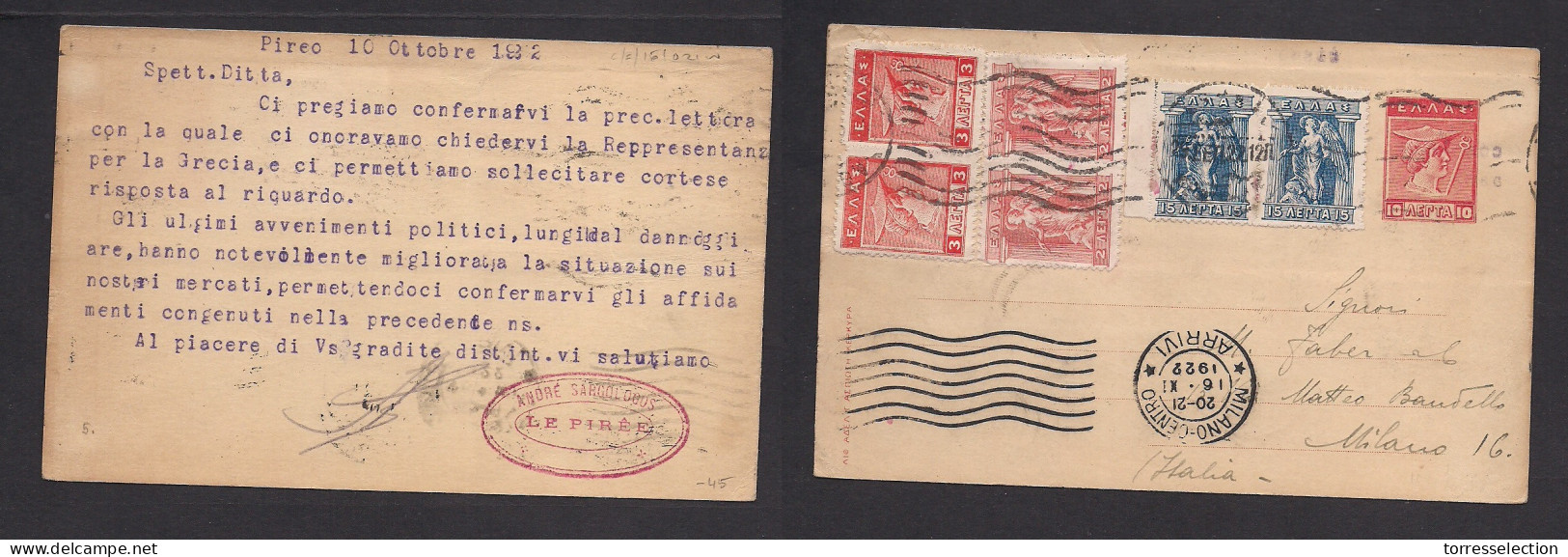 GREECE. 1922 (10 Oct) Pireo - Italy, Milano (16 Nov) 10l Red Stat Card + Six Adtl, Tied Rolling Cachet Arrival On Front. - Sonstige & Ohne Zuordnung
