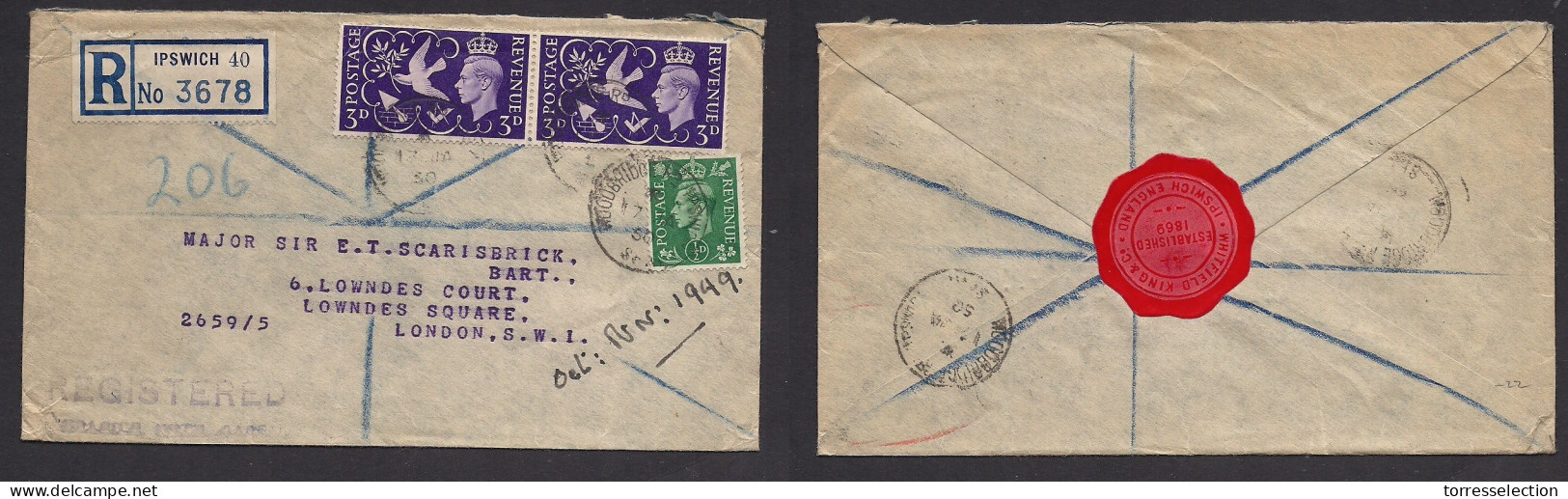 Great Britain - XX. 1950 (17 Jan) Ipswich, Woodbridge St - London. Registered Local Multifkd Env, Comm Issue. XSALE. - ...-1840 Precursores