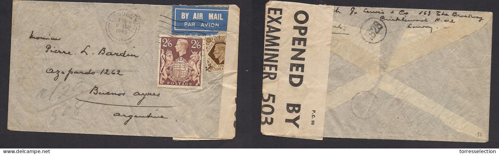 Great Britain - XX. 1940 (6 Sept) London - Argentina, Buenos Aires. Air Multifkd Env Incl 2/6sh. 3sh 6d Rate + Censored. - ...-1840 Prephilately