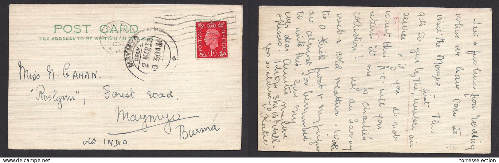 Great Britain - XX. 1938 (21 Febr) Hampstead - Burma, MayMyo (2 March) Via India. 1d Red Private Comercial Fkd Card. XSA - ...-1840 Precursori