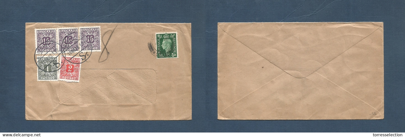 Great Britain - XX. 1939 (17 Jan) Hauts - Denmark, Cph (20 Jan) 1/2d Green Fkd Comercial Envelope, Taxed + (x5) Danish P - ...-1840 Precursori