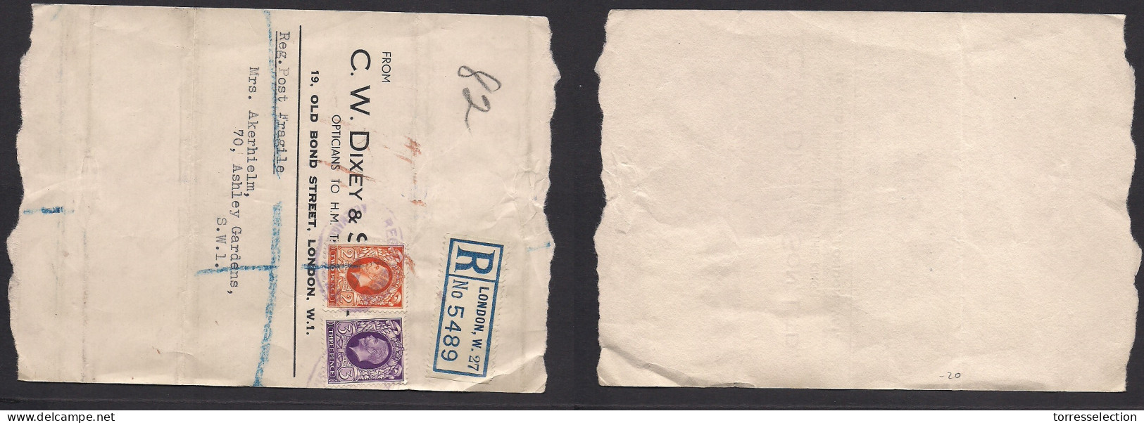 Great Britain - XX. 1937. London Local Registered C. W Dixey Cº Wrapper, At 5d Rate, Lilac Ds. XSALE. - ...-1840 Prephilately