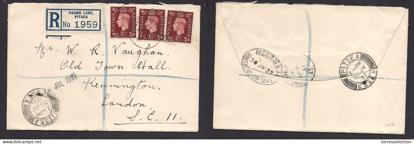 Great Britain - XX. 1937 (30 July) Pound Lane, Pitsea - London. Multifkd Registered Envelope 1 182d (x3) XSALE. - ...-1840 Precursores