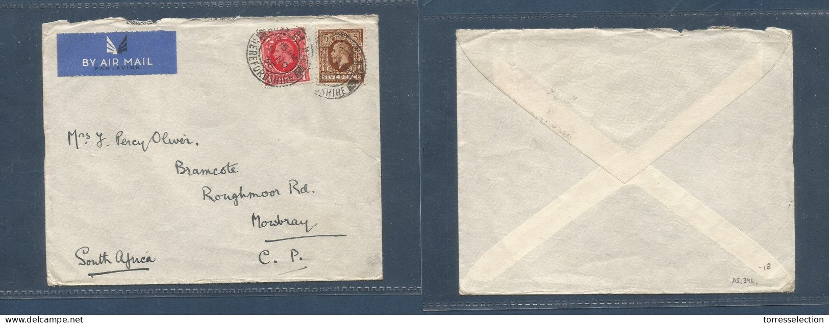 Great Britain - XX. 1936 (11 Nov) Herefordshire - South Africa, Mowbray. 6d Rate Air Imperial Fkd Envelope AS396. XSALE. - ...-1840 Precursores