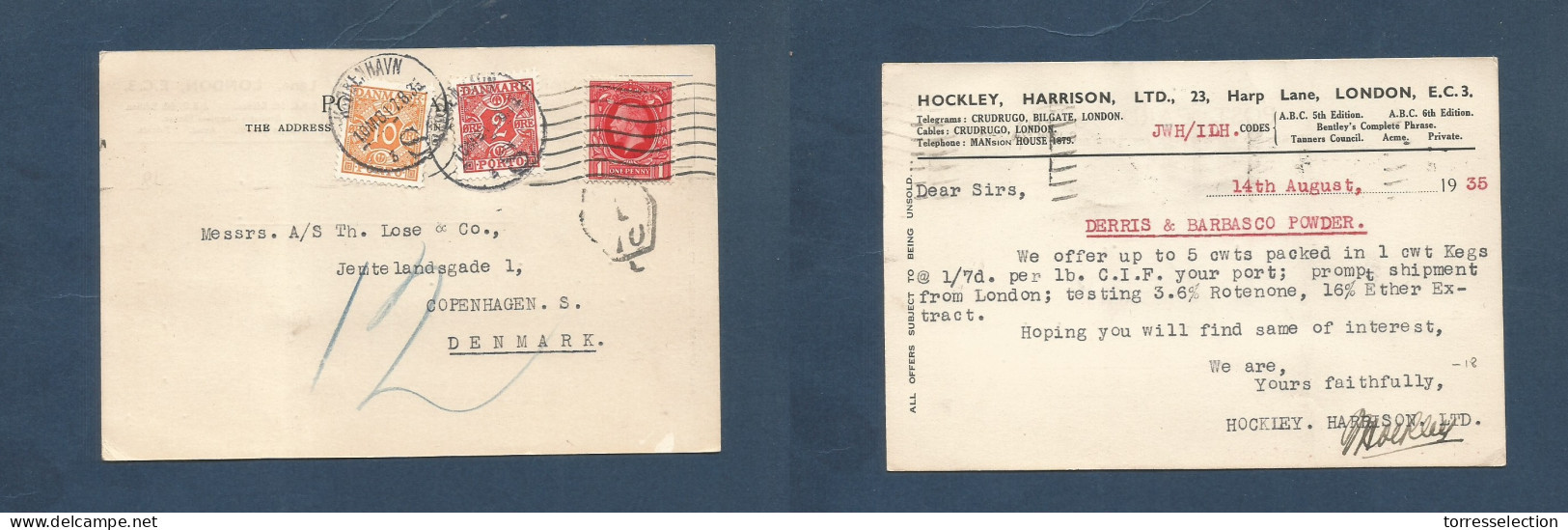 Great Britain - XX. 1935 (14 Aug) London - Denmark, Cph (17 Aug) 1d Red Fkd Comercial Card, Tax + Arrival X2 Danish P. D - ...-1840 Vorläufer