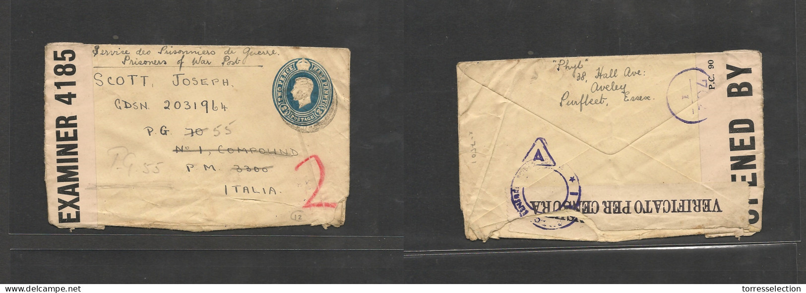 GREAT BRITAIN. Great Britain Cover C.1941 POW Stat Env+censoored Usage To Italy To British Soldier In Camp , Interesting - ...-1840 Vorläufer