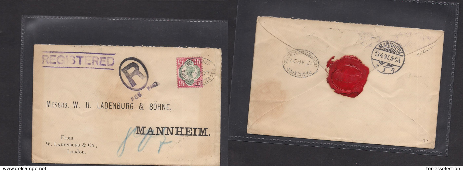 GREAT BRITAIN. 1897 (12 Apr) London Threadneedle St - Germany, Mannheim (13 Apr) Registered Reply Pre-printed Env At  4  - ...-1840 Prephilately