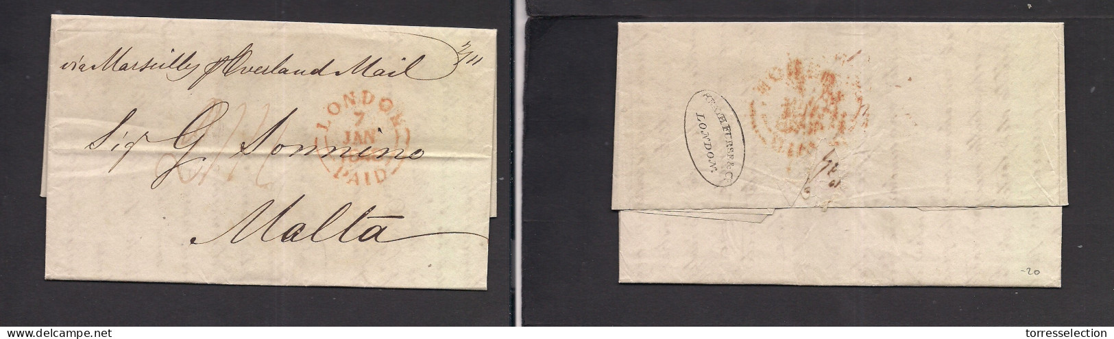 GREAT BRITAIN. 1848 (7 Jan) London - Malta. EL With Text Via Marseille + Red London / Paid Large Cds + Mns Charge. VF. X - ...-1840 Precursores