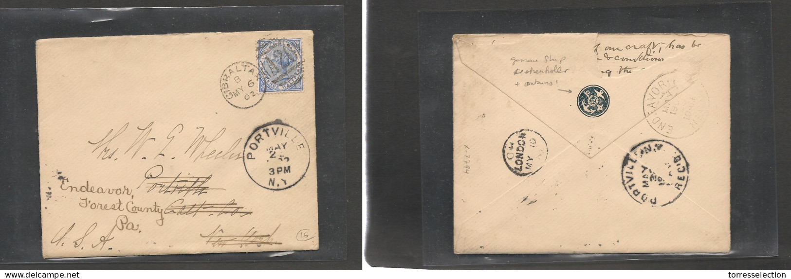 GIBRALTAR. Gibraltar Cover - 1902 GPO To USA NY Fkd Env 2.5d Tied Cds Grill, Fwded, Vf. With Contains XSALE. - Gibraltar