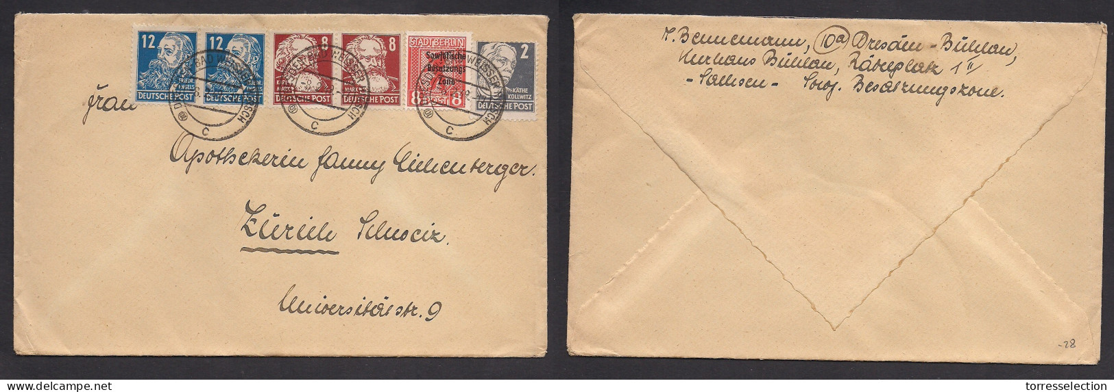 GERMANY - XX. 1949 (8 Feb) Russian Zone. Dresden - Switzerland, Zurich. Ovptd Issue + Mixed Multifkd Envelope. VF. XSALE - Altri & Non Classificati