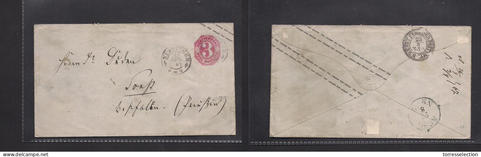 GERMAN STATES-WURTTEMBERG. 1867 (25 Aug) Nubtingen - Lork. 3kr Rose Stat Env, Cds. Reverse Transited. XSALE. - Altri & Non Classificati