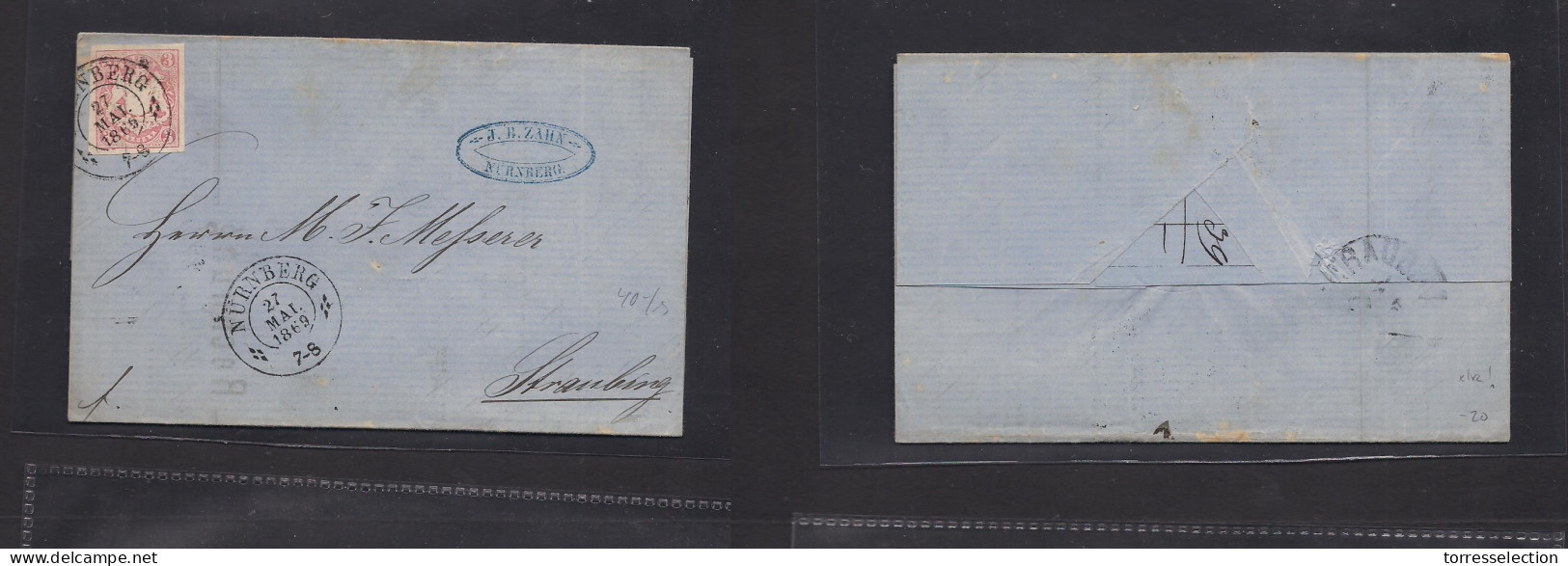 GERMAN STATES-BAYERN. 1869 (27 May) Nuremberg - Straubing. EL With Text Fkd 3kr Rose Large Margins Tied Cds. XF. XSALE. - Altri & Non Classificati