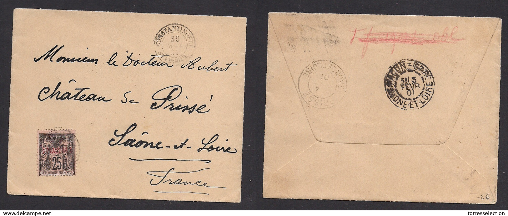 FRENCH LEVANT. 1901 (30 Jan) Constanople - France, Saone Et Loire (3 Feb) Sage Ovptd Issue Single 25c Fkd Env, Tied Cds. - Other & Unclassified