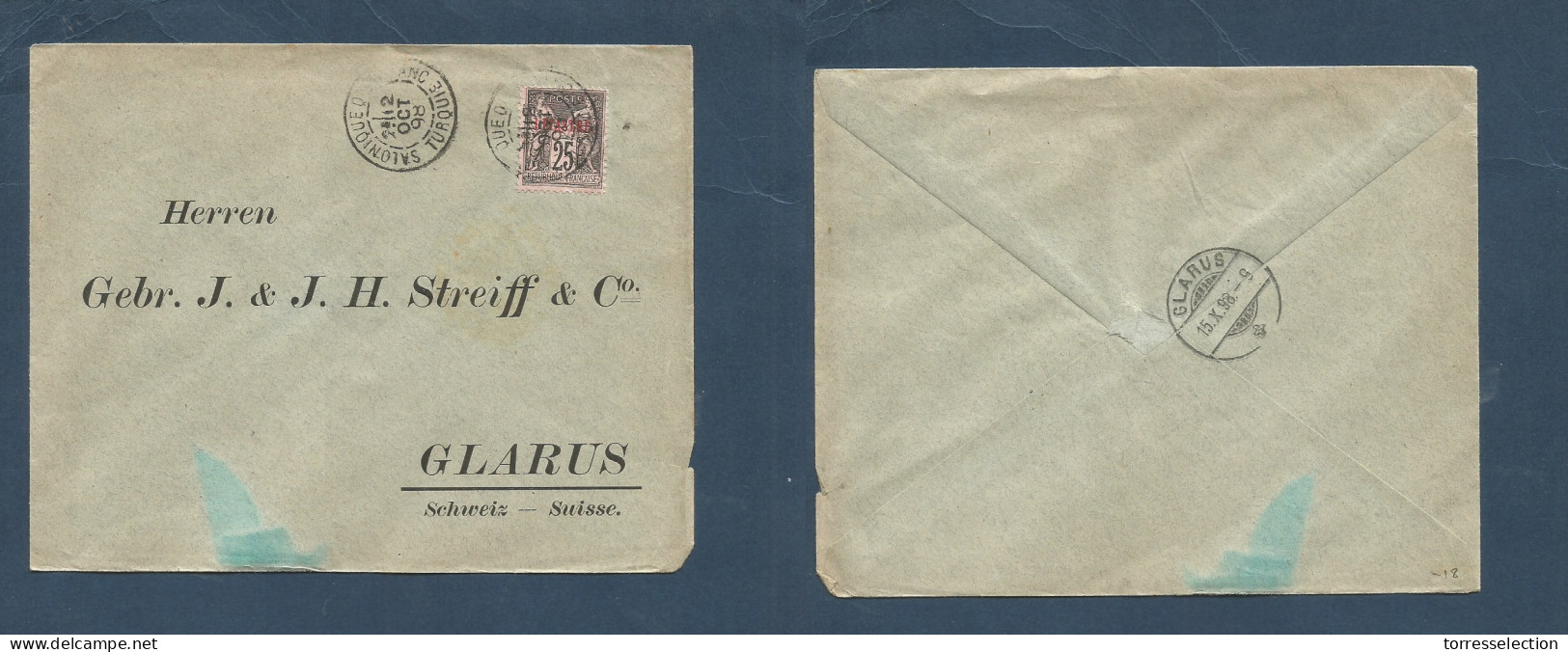 FRENCH LEVANT. 1898 (12 Oct) Salonique - Switzerland, Glarus (15 Oct) Fkd Ovpt Sage 25c Envelope, Tied Cds. XSALE. - Autres & Non Classés