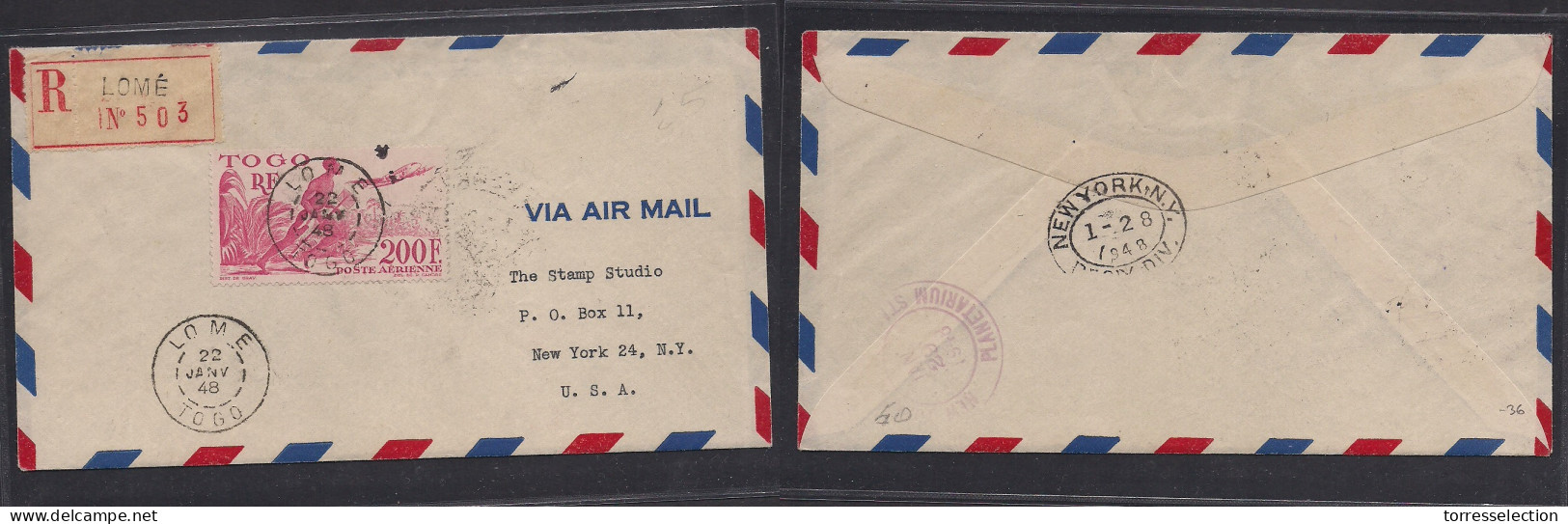 FRC - Togo. 1948 (22 Jan) Lome - USA, NYC (28 Jan) Air Registered Single 200 Fr Fkd Env. VF. Scarce Stamp On Cover. XSAL - Sonstige & Ohne Zuordnung