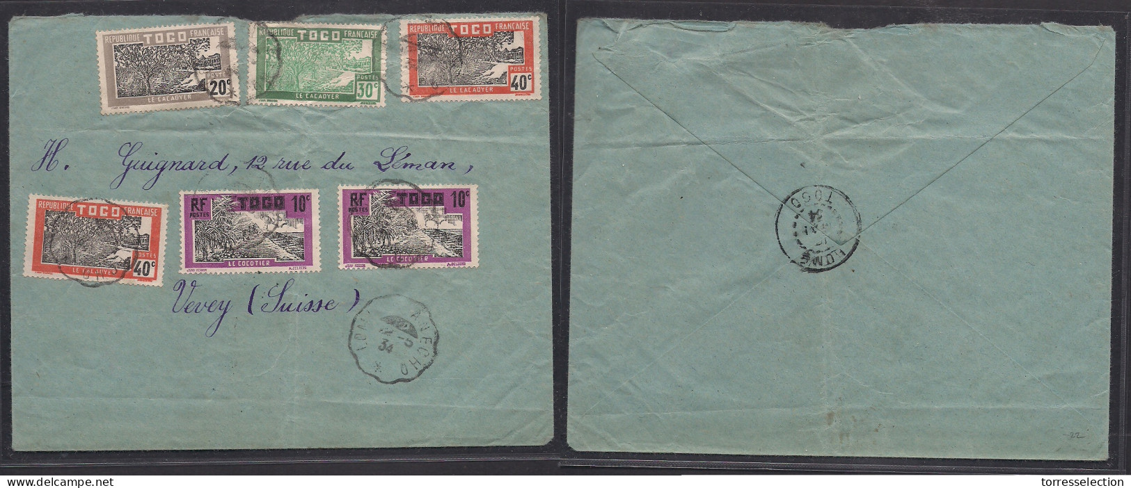 FRC - Togo. 1934 (12 May) Lome - Switzerland, Vevey. Multifkd Env, TPO Lome Acecho Ds Cancels. Fine. XSALE. - Other & Unclassified