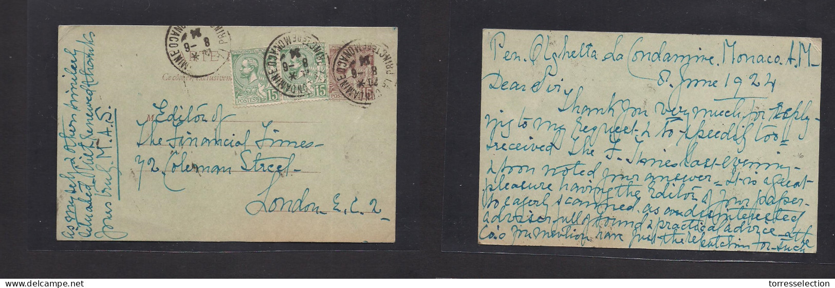 MONACO. 1924 (8 June) GPO - London, UK. 15c Lilac Stat Card + 2 Adtls, Cds. VF. XSALE. - Autres & Non Classés