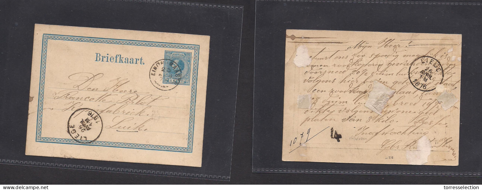 NETHERLANDS. 1876 (25 Apr) Eritia Mastr - Liege, Belgium (26 Apr) 5c Blue Early Stat Card, Cds. XSALE. - Autres & Non Classés