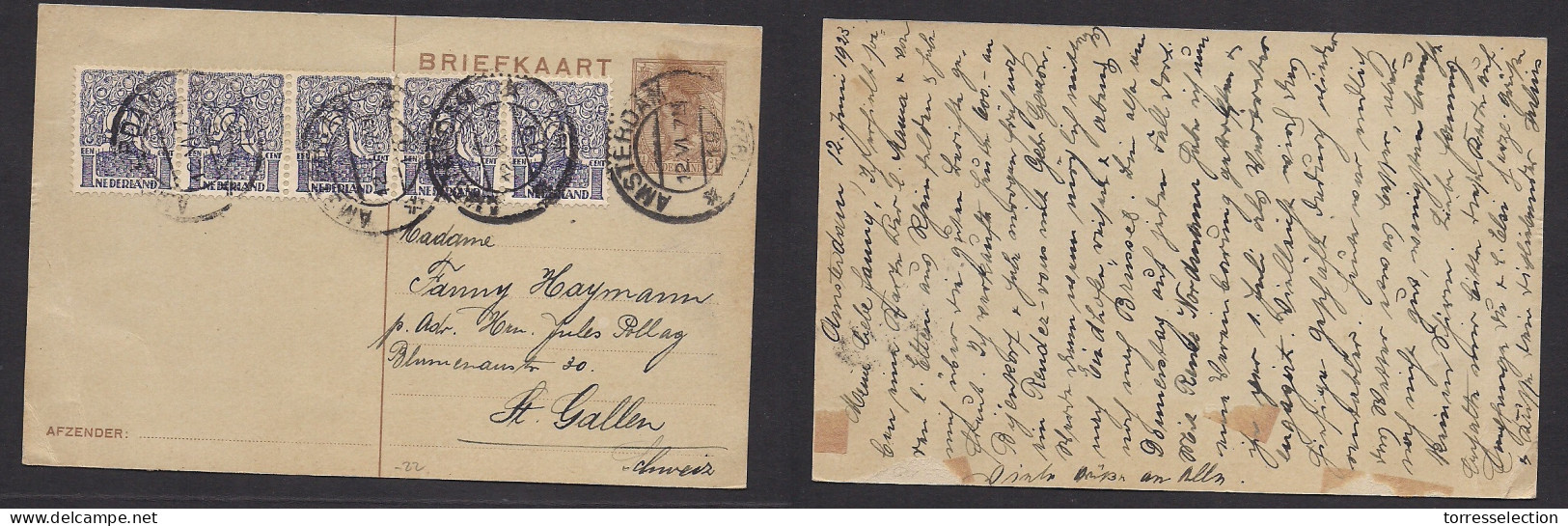 NETHERLANDS. 1923 (12 June) Amsterdan - St. Gallen, Switzerland. 7 1/2c Lilac Stat Card + Five Adtls, Tied Cds. XSALE. - Other & Unclassified