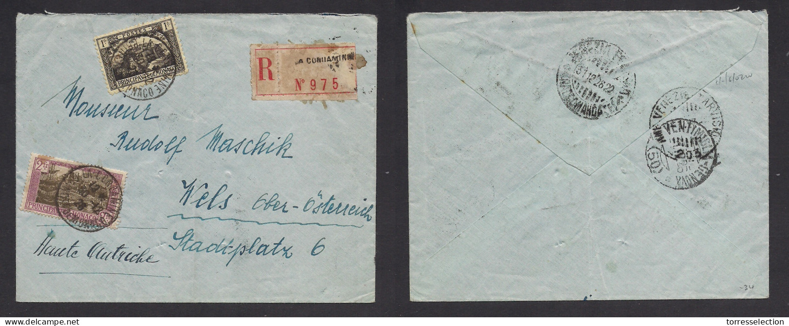 MONACO. 1926 (30 Dec) La Conclamine - Austria, Wels Via Venezia Ferrovia. Registered Mixed Issues Fkd Env + R-label. Des - Autres & Non Classés