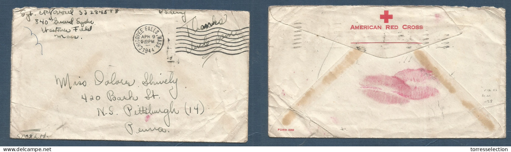 MILITARY MAIL. 1944 (9 Apr) WWI. American Red Cross. Chicago Falls - Pittsburg, PA. FM Envelope Mns "Thanks Undesam" XSA - Military Mail (PM)
