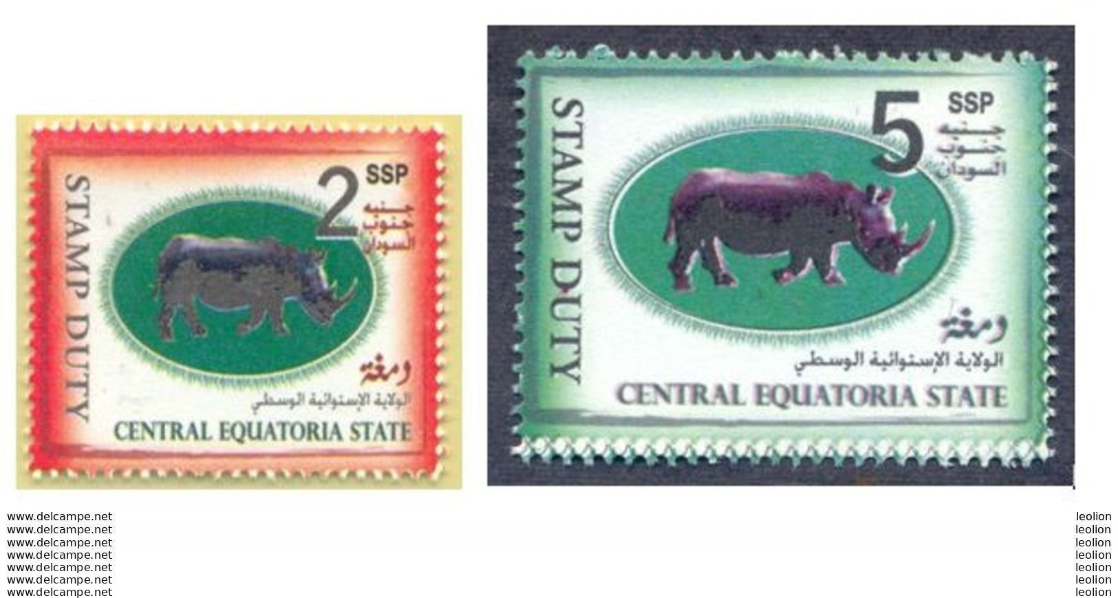 SOUTH SUDAN Short Set 2 & 5 SSP Revenue / Fiscal Stamp Central Equatoria State RHINO Timbres Fiscaux Soudan Du Sud RARE! - Südsudan