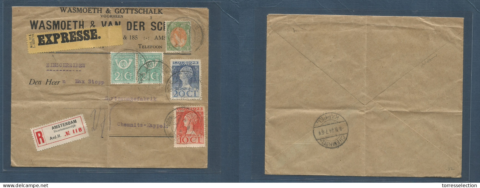 NETHERLANDS. 1924 (6 Sept) Amsterdan, Hojik - Germany, Chemnitz (8 Sept) Registered Express Mail Multifkd Envelope Mixed - Other & Unclassified