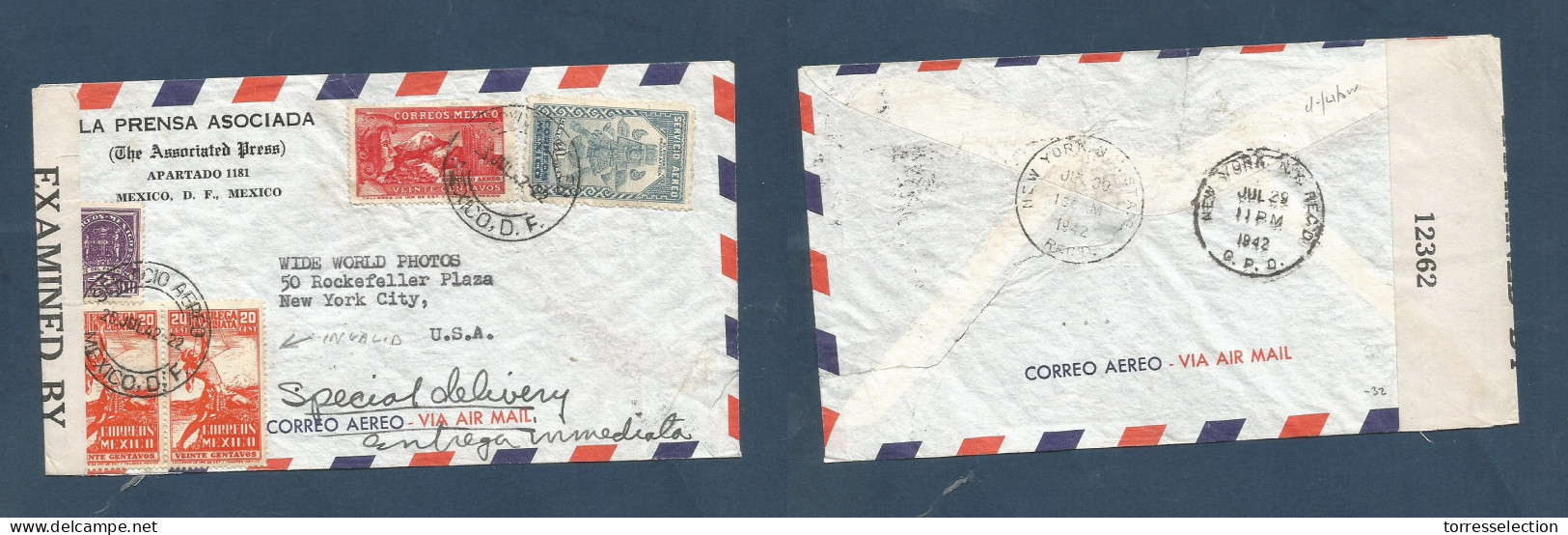 Mexico - XX. 1942 (25 July) DF - USA, NYC. Special Delivery Air Multifkd Env. WWII Censored + Doble Fkd 20c Orange Speci - Mexiko