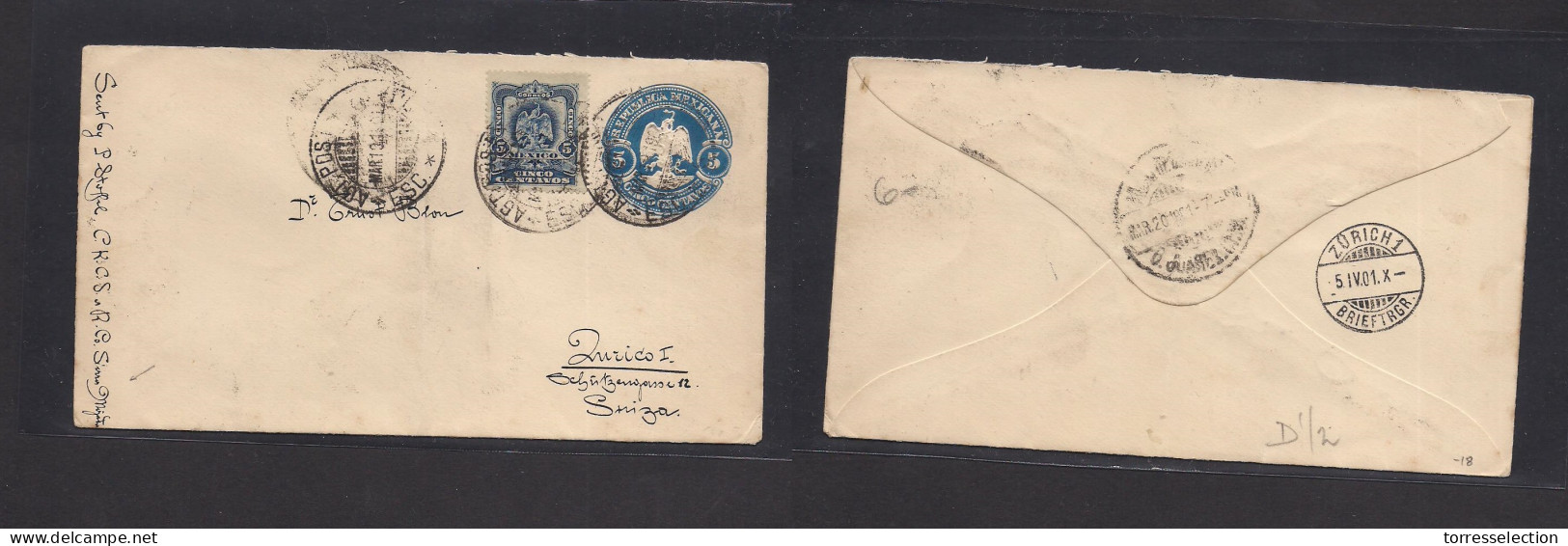 MEXICO - Stationery. 1901 (13 Marzo) TPO Sierra Mojada - Switzerland, Zurich (5 April) 5c Blue Stat Env + Adtl. Better O - México