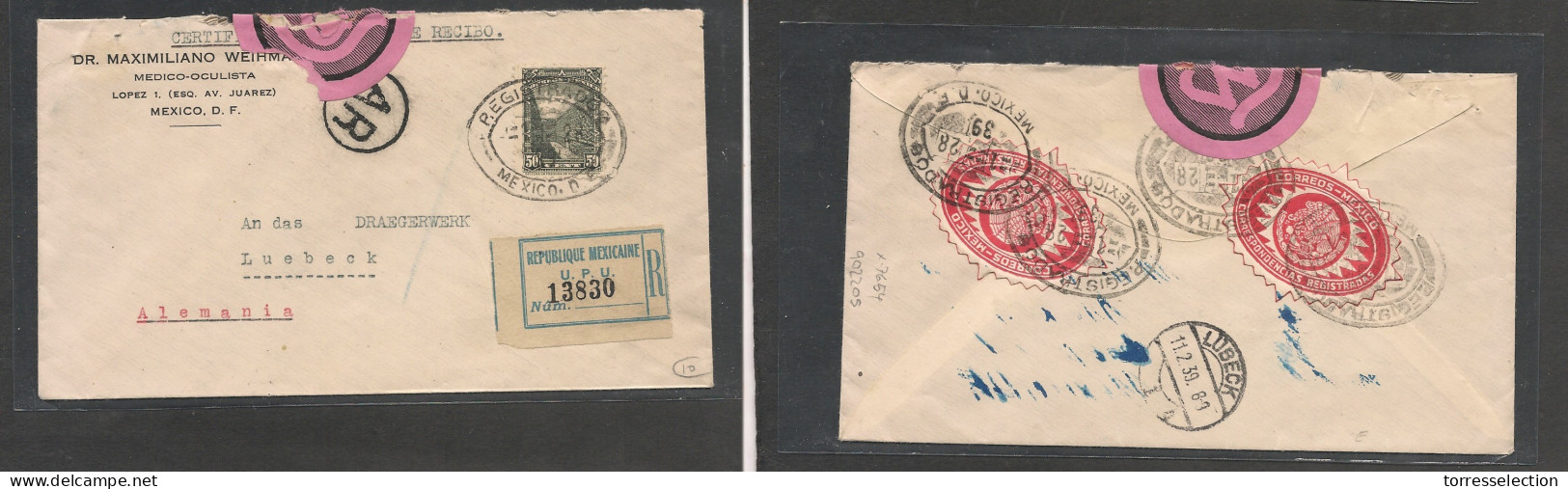 MEXICO. Mexico Cover - 1928 DF To Germany Lubeck Registered AR Single Fkd Env+ Resealed Label Transited Oftalmologist Bu - México