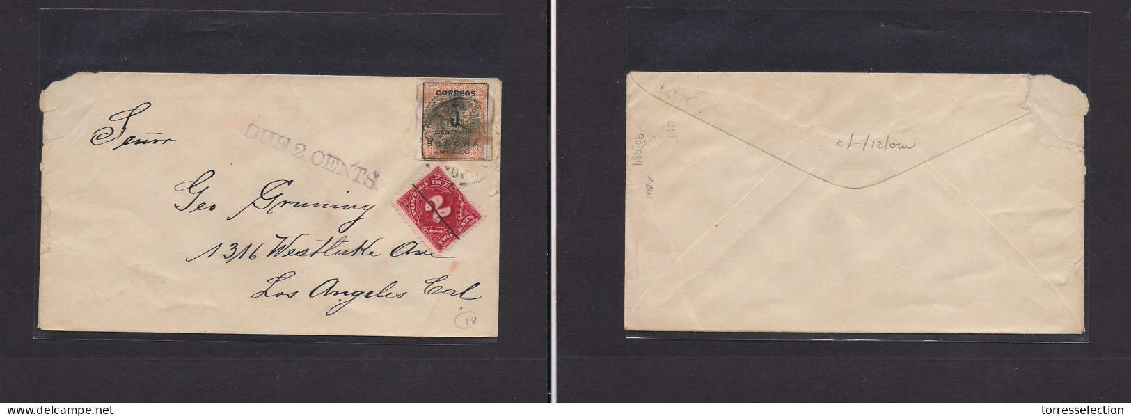 MEXICO. Mexico - Cover - C,1914 Sonora Color Seal To USA LA Fkd Taxed US P Dues Env. Easy Deal. XSALE. - Mexico