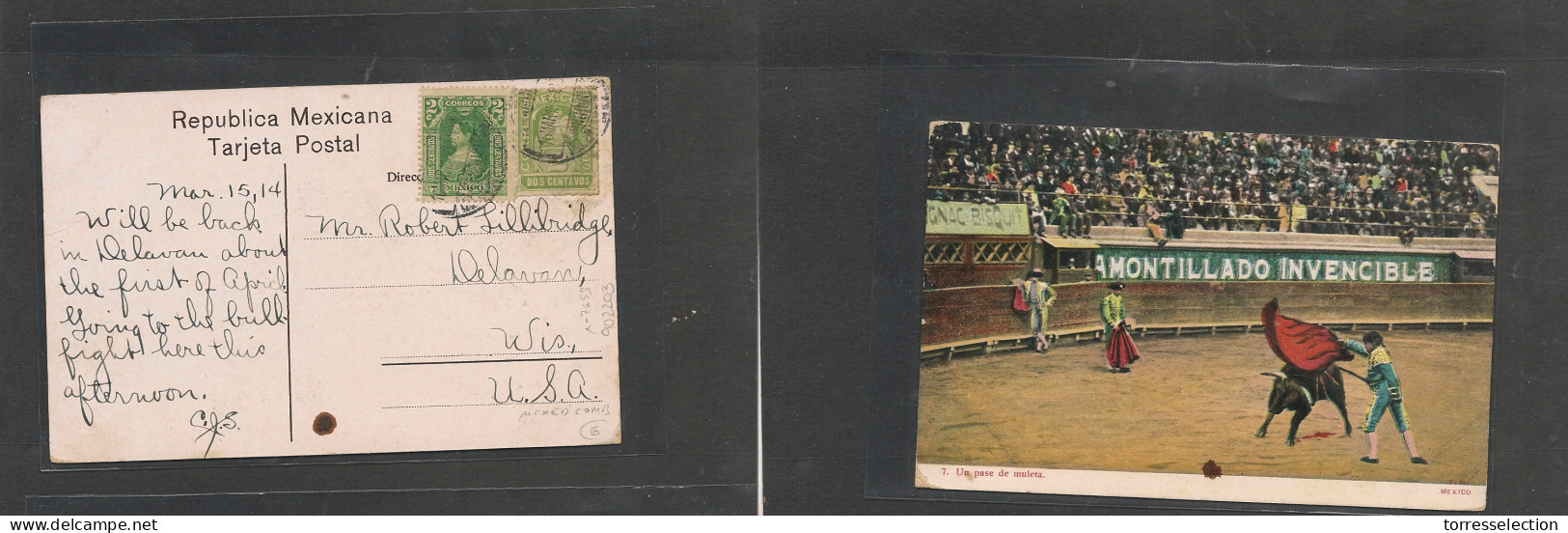 MEXICO. Mexico Cover - 1914 Revolution Period Fkd Bull Fighting To USA Wisconsin Delaware Mixed Issues,cds Fie XSALE. - México