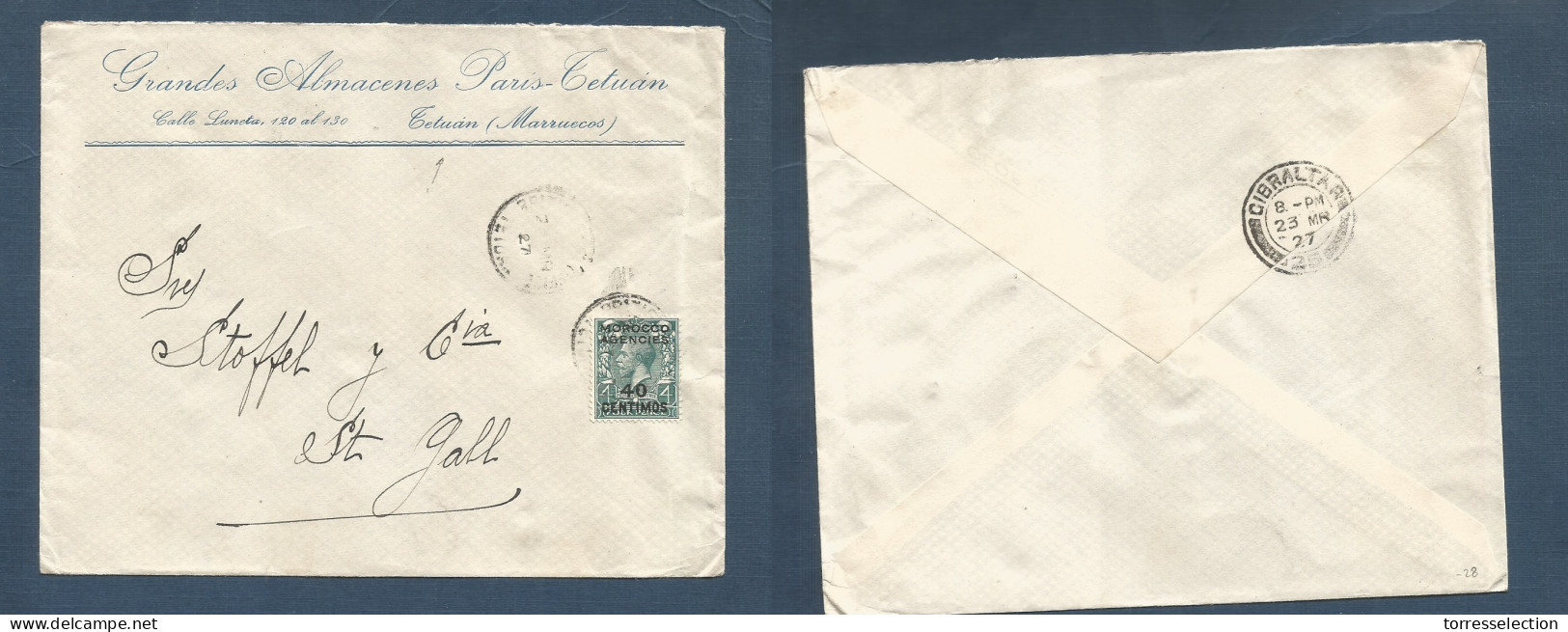MARRUECOS - British. 1927 (20 March) Tetuan - Switzerland, St. Gallen. Comercial 40c Fkd Ovptd Issue Envelope. Spanish C - Marokko (1956-...)