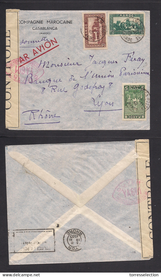 MARRUECOS. 1940 (11 Nov) Casablanca - France, Lyon (19 Nov) Air Censored Multifkd Env. XSALE. - Marokko (1956-...)
