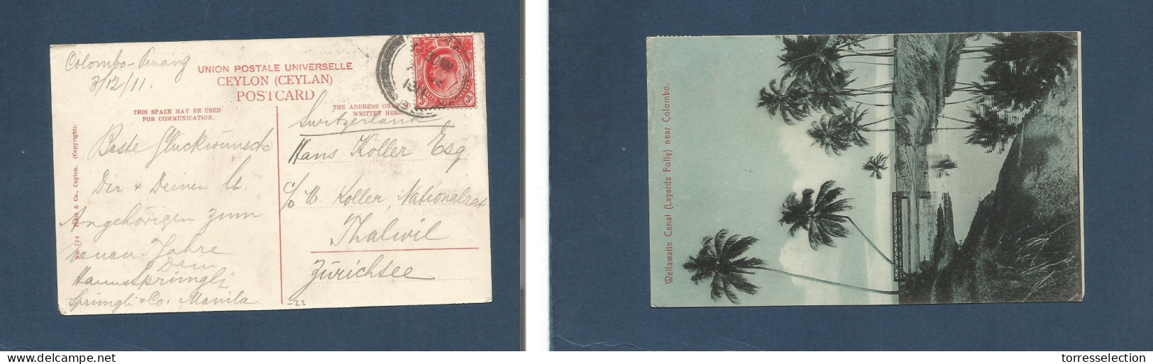 MALAYSIA. 1911 (7 Dec) Penang - Switzerland, Tualwal. Fkd Ppc. Colombo Card. XSALE. - Malesia (1964-...)