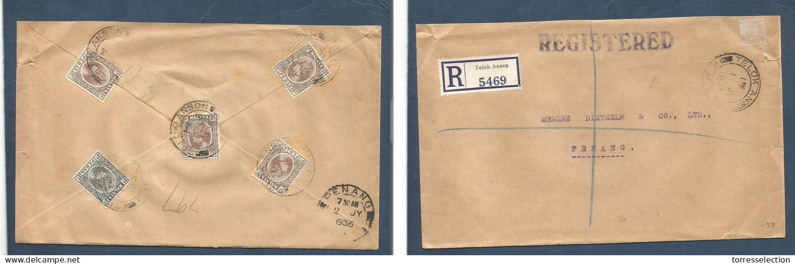 MALAYSIA. 1936 (1 July) Telok Anson - Penang. Via Sing. Registered Reverse Multifkd Perak Issue. VF. XSALE. - Malasia (1964-...)