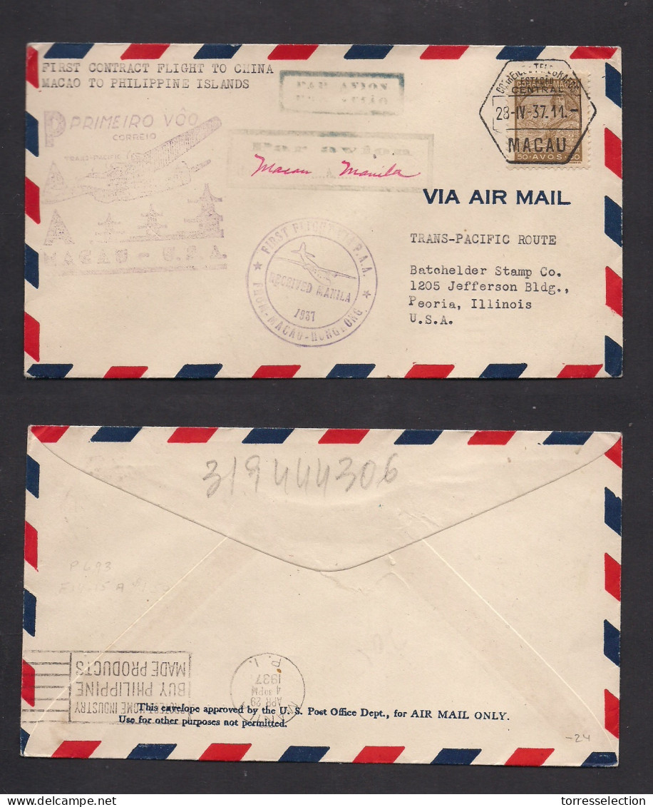 MACAU. 1937 (28 Apr) GPO - USA, Peoria. First Flight Macau - Manila Trip (29 Apr) XSALE. - Other & Unclassified